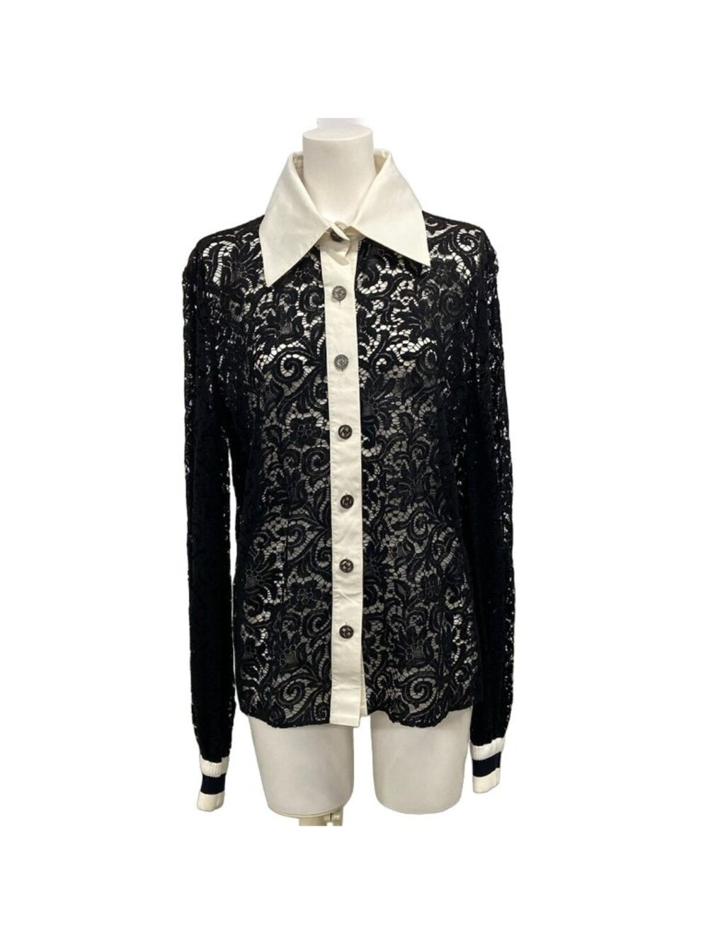 Chanel Long Sleeve Blouse M Black Lace Cotton 38